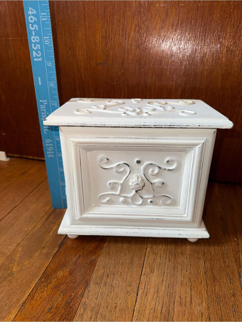 White Decorative Wood Jewelry Box with Carved Scrollwork